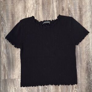 Brandy Melville Black Ribbed Ruffle Trim Top